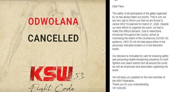 KSW cancela próximo evento de MMA devido ao coronavírus