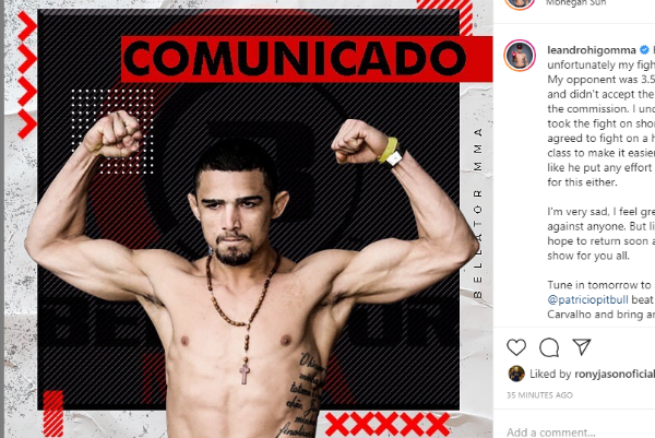 Adversário não bate o peso e luta de Leandro Higo é cancelada no Bellator