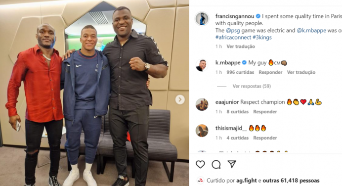 Astros do UFC acompanham partida do PSG e tietam Kylian Mbappé