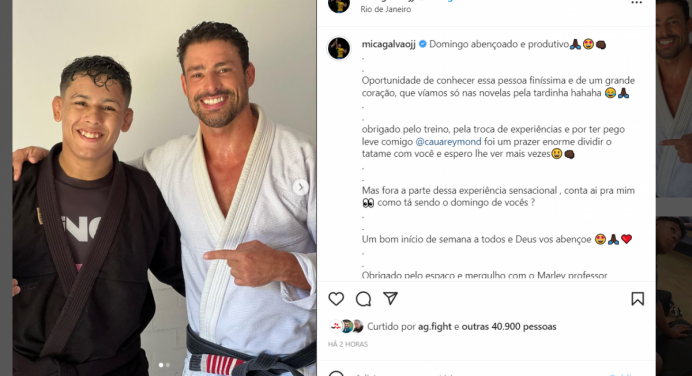 Prodígio do grappling, Micael Galvão treina jiu-jitsu com ator Cauã Reymond