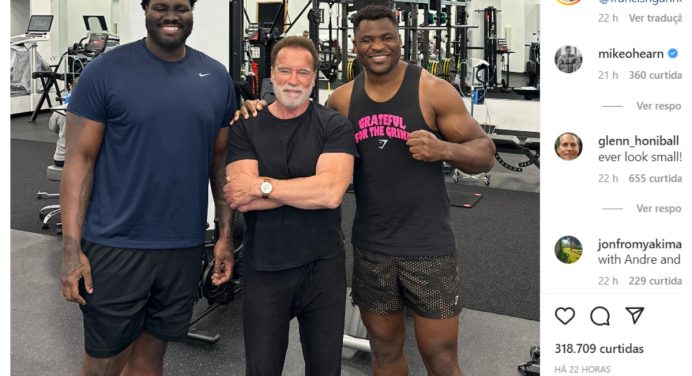 Astro do cinema, Arnold Schwarzenegger fica ‘pequeno’ ao lado de Ngannou