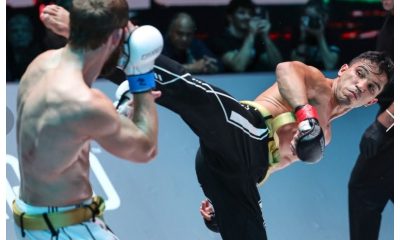 Campeão dos pesos-leves, Luiz Rocha aplica chute rodado em rival durante combate.