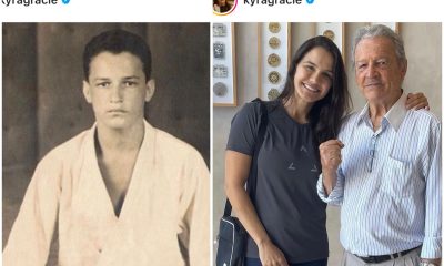 Kyra Gracie posa ao lado do avô Robson Gracie