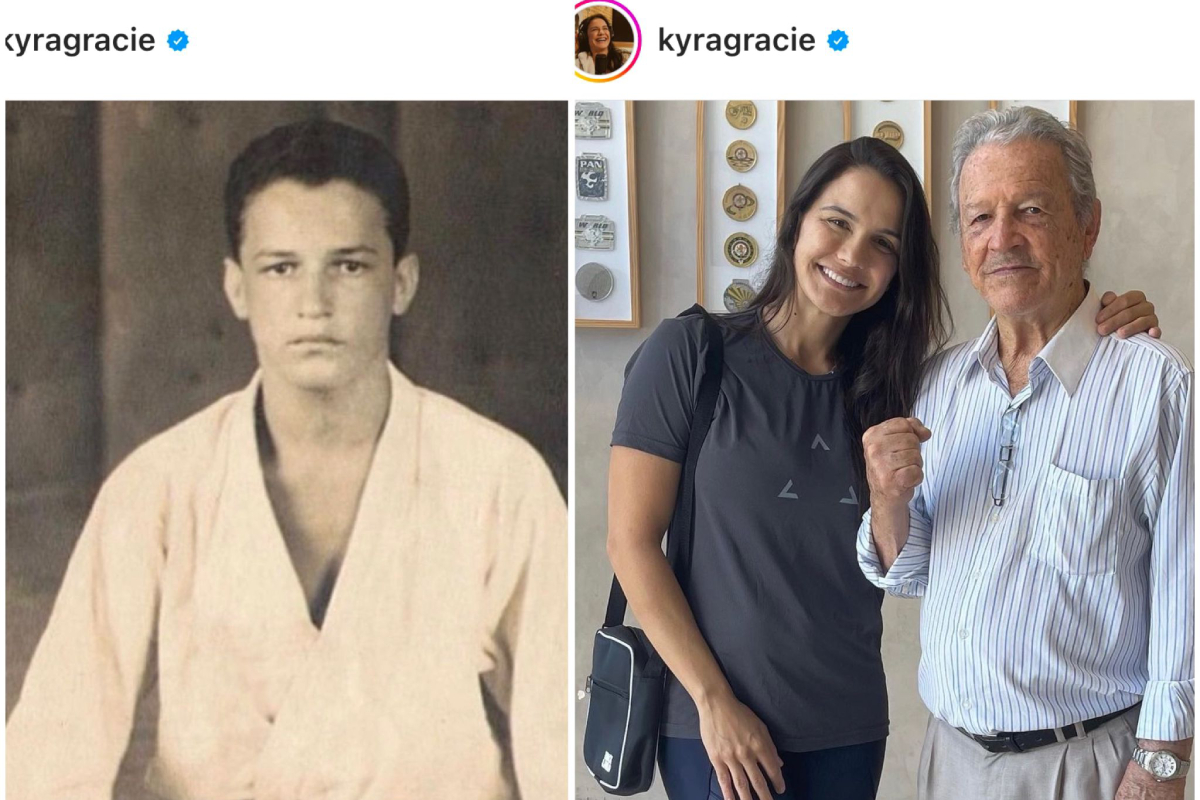 Kyra Gracie posa ao lado do avô Robson Gracie