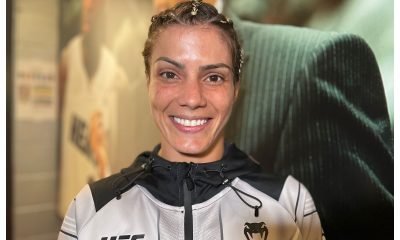 Sorridente, Luana Pinheiro atende a imprensa após sua vitória sobre Michelle Waterson no UFC 287
