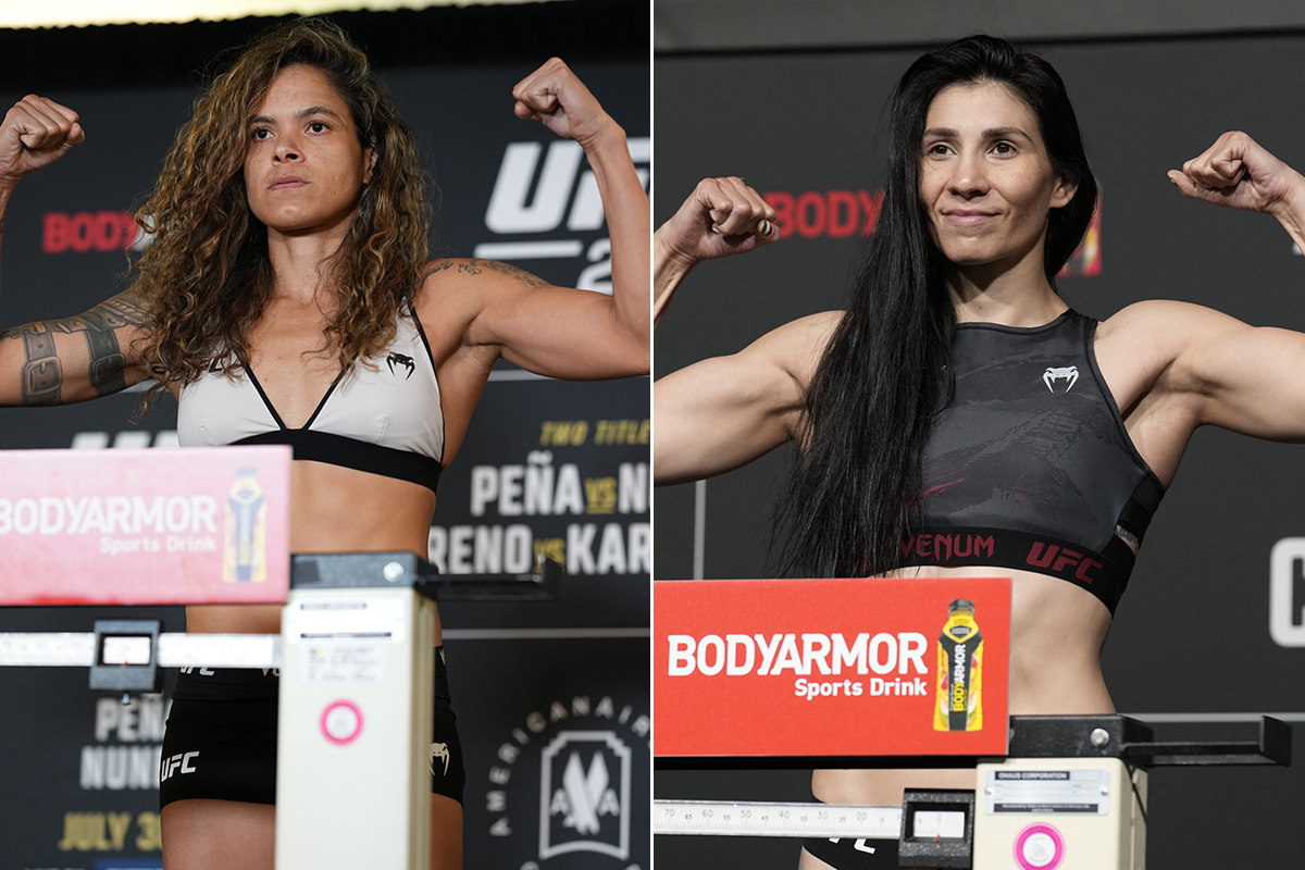 Amanda Nunes e Irene Aldanaa se pesam antes de suas lutas no UFC
