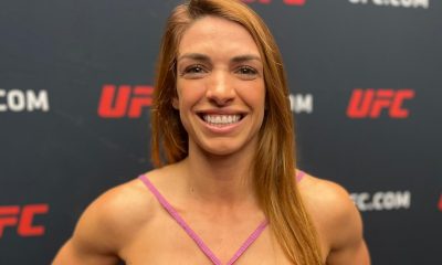 Sorridente, Mackenzie Dern conversa com a imprensa no 'media day' do UFC Vegas 73