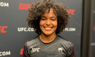Com sorriso no rosto, Karine Silva conversa com a imprensa no meda day do UFC Vegas 74