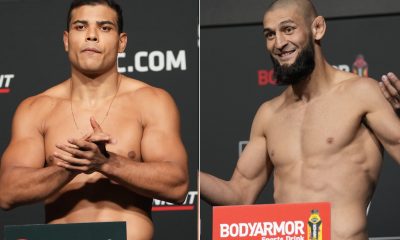 Paulo Borrachinha e Khamzat Chimaev posam para fotos após a pesagem do UFC