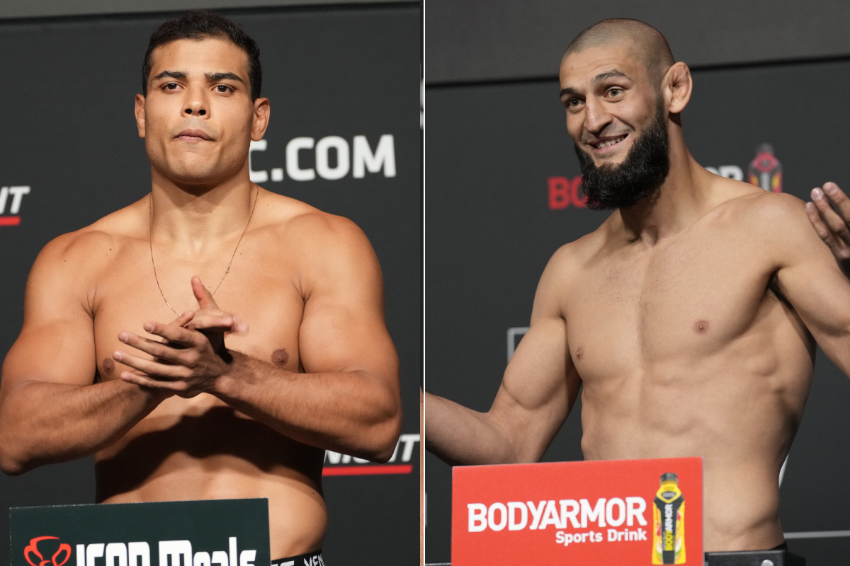 Paulo Borrachinha e Khamzat Chimaev posam para fotos após a pesagem do UFC