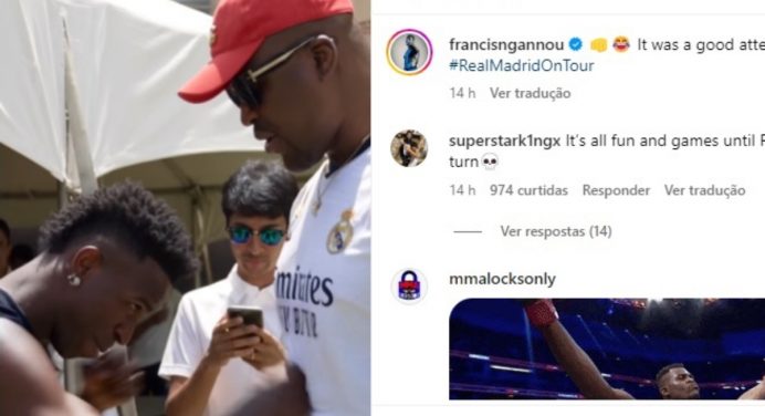Vinícius Jr brinca de dar socos na barriga de Francis Ngannou; veja