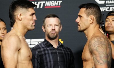 Vicente Luque e Rafael Dos Anjos ficam frente a frente após a pesagem do UFC Vegas 78