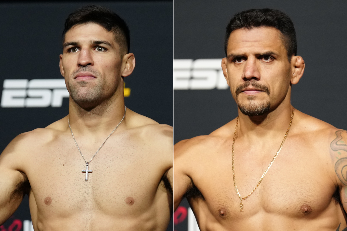 Vicente Luque e Rafael dos Anjos posam para fotos após a pesagem do UFC Vegas 78