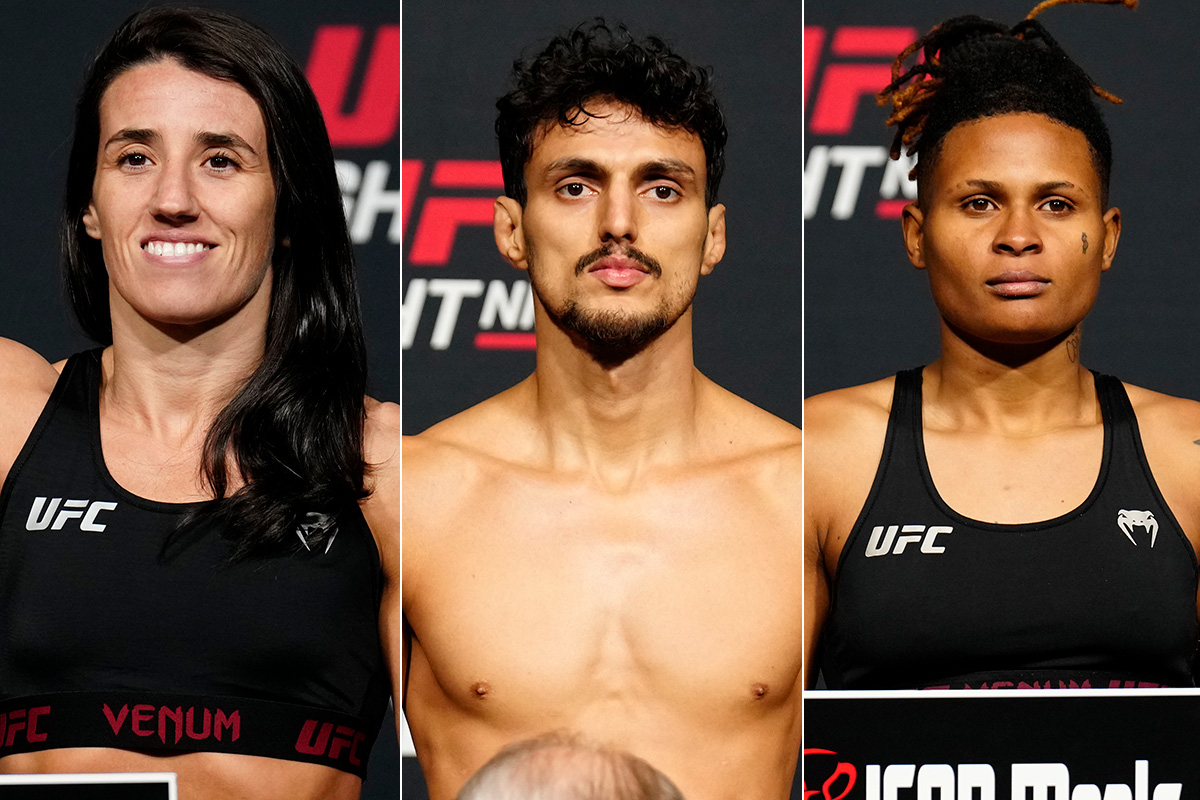 Ricardo Carcacinha, Marina Rodriguez e Tamires Vidal posam para fotos após suas lutas no UFC