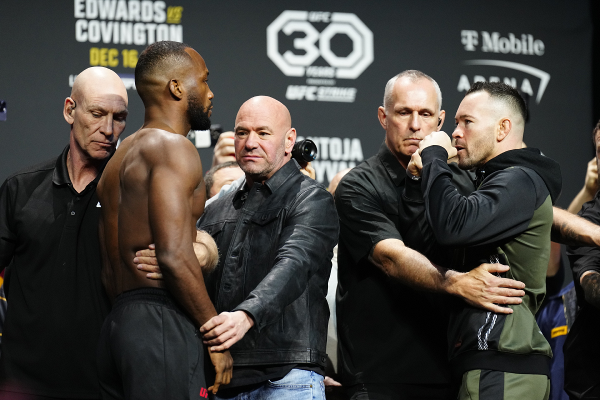 Leon Edwards e Colby Covington fazem encarada na pesagem cerimonial do UFC 296.