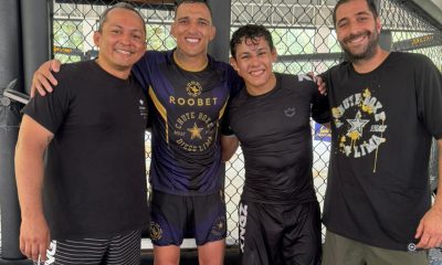 Melqui Galvão, Charles Do Bronxs, Mica Galvão e Diego Lima na academia Chute Boxe SP.
