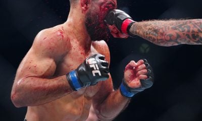 Renato Moicano acerta soco em Benoit Saint Denis no UFC Paris.