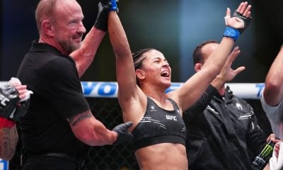 Natália Silva comemora a vitória sobre Jéssica Bate-Estaca no UFC Vegas 97.