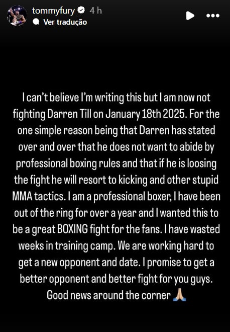 Tommy Fury anuncia cancelamento de luta contra Darren Till no Instagram.