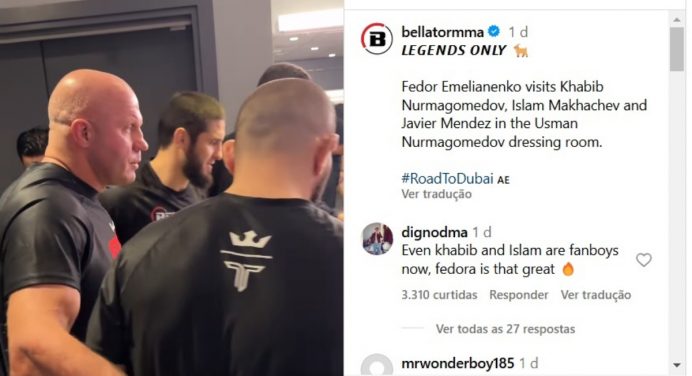 Encontro de lendas! Fedor visita Khabib e Makhachev nos bastidores de evento da PFL; veja