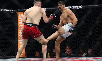 Kauê Fernandes aplica low kick em Harry Hardwick no UFC Paris