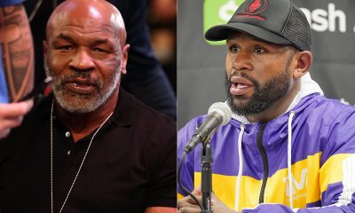 Mike Tyson e Floyd Mayweather posam para fotos durante entrevistas