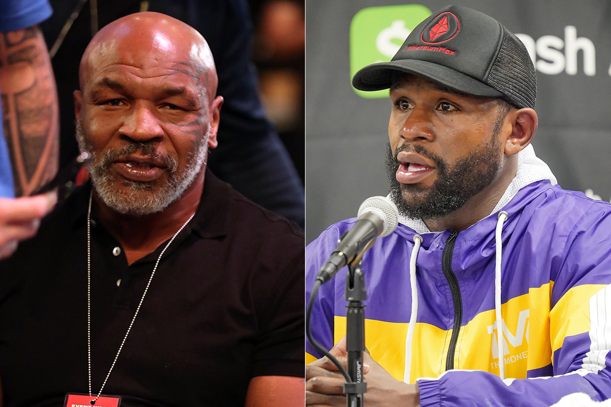 Mike Tyson e Floyd Mayweather posam para fotos durante entrevistas