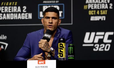 Alex Pereira responde jornalista durante coletiva de imprensa do UFC 320 em Las Vegas (EUA)