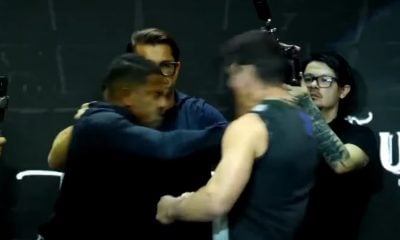 Davi Brito empurrando Sacha Bali durante coletiva do Fight Music Show 7