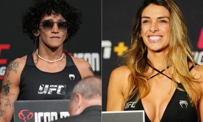 Virna Jandiroba e Mackenzie Dern posam para fotos durante a pesagem do UFC