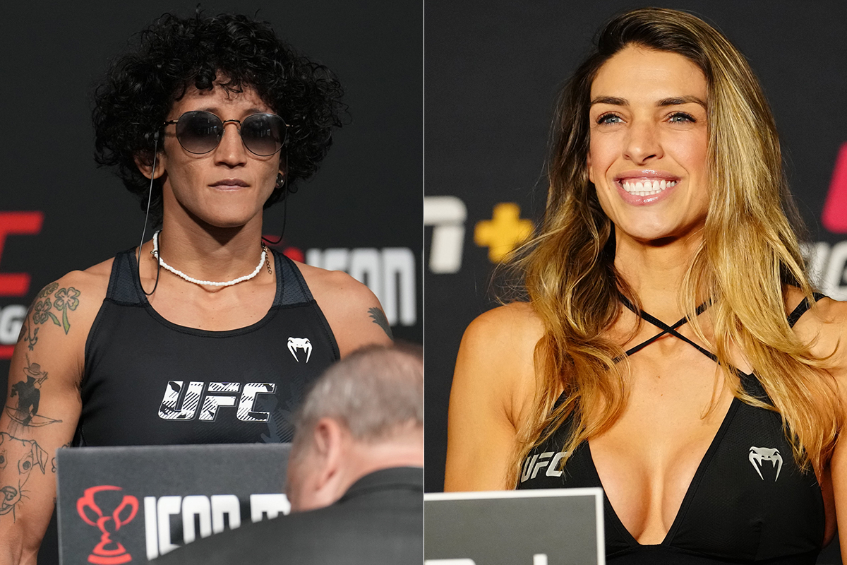 Virna Jandiroba e Mackenzie Dern posam para fotos durante a pesagem do UFC