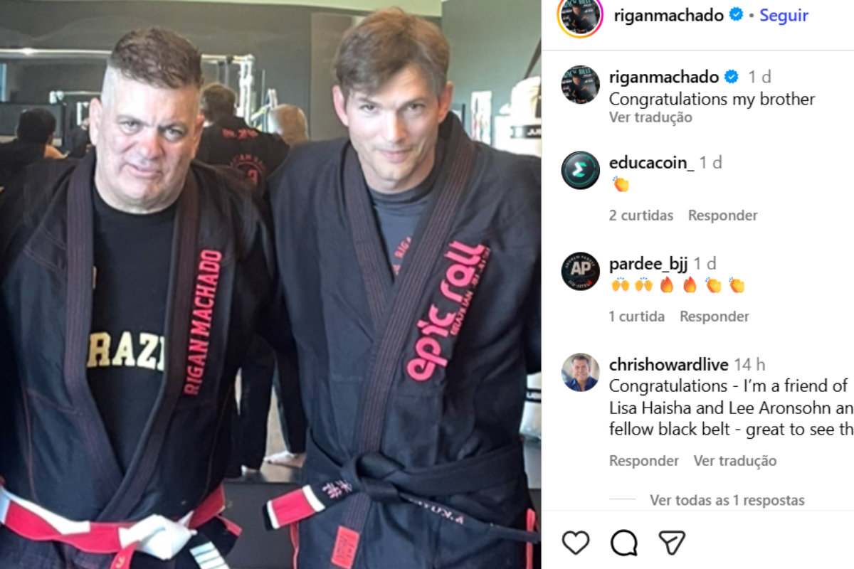 O ator de Hollywood Ashton Kutcher ao lado do brasileiro Rigan Machado, seu treinador
