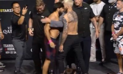 Arman Tsarukyan e Dan Hooker se desentendem na pesagem cerimonial do UFC Catar