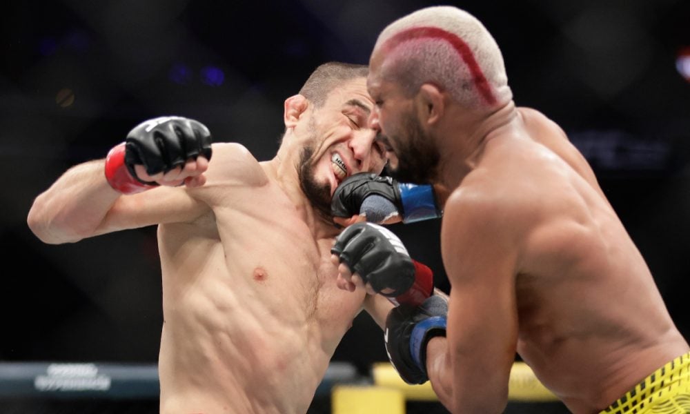 Umar Nurmagomedov e Deivison Figueiredo trocando socos durante o UFC 324